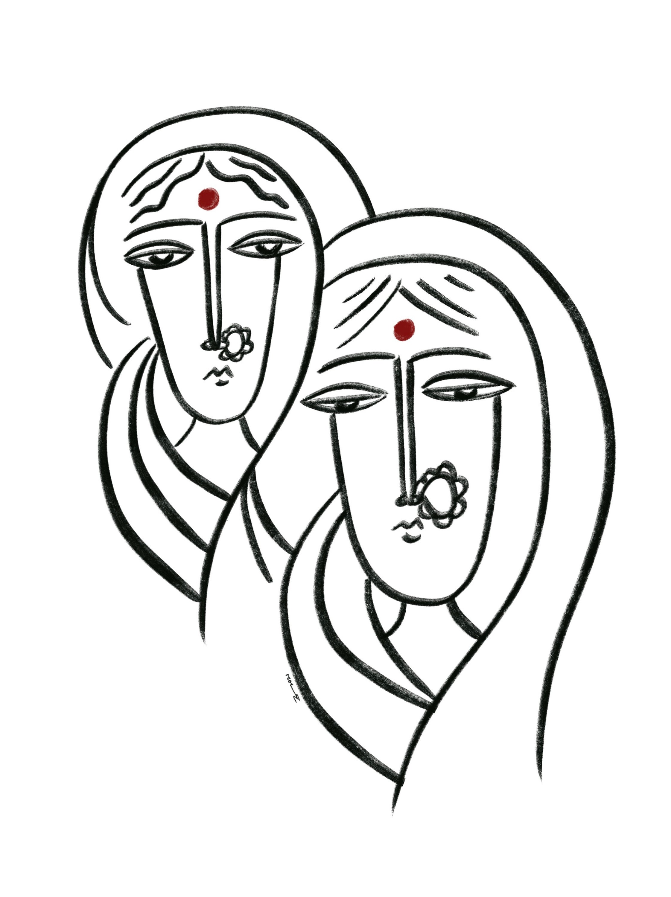South Asian women line art print A4 size | Etsy