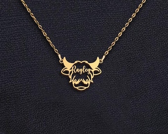 Custom Highland Cow Necklace with Name, Personalized Animal Pendant Jewelry, Rustic Jewelry, Farm Life Gift for Her