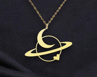 Moon and Saturn Planet Necklace, Gold Saturn Pendant, Crescent