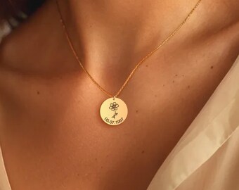 Minimalist Birth Flower Necklace, Personalized Flower Disc Necklace, Floral Jewelry, Birth Flower Pendant, 18th Birthday Gift, Gift for Mom