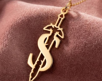 Custom Sword Initial Necklace, Master Sword Letter Pendant, Gamer Monogram Jewelry, Zelda Style Font, Personalized Geek Gift, Silver