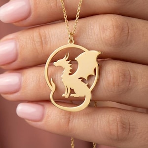 Gold Dragon Pendant, Cutout Circle Necklace, Sterling Silver Dragon Silhouette, Minimalist Animal Jewelry, Unique Statement Necklace image 1