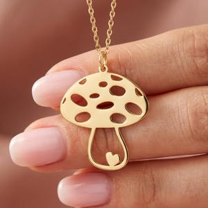 Mushroom Necklace with Heart, Tiny Gold Toadstool, Fun Quirky Jewelry, Best Friend Gift, Dainty Charm Necklace, Teen Girl Gift, Happy Vibes image 1