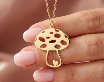 Mushroom Necklace with Heart, Tiny Gold Toadstool, Fun Quirky Jewelry, Best Friend Gift, Dainty Charm Necklace, Teen Girl Gift, Happy Vibes