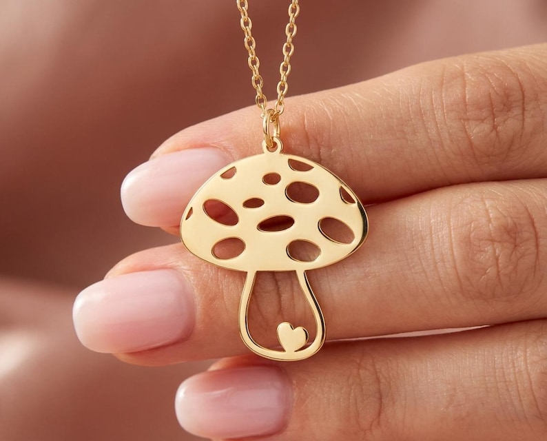Mushroom Necklace with Heart, Tiny Gold Toadstool, Fun Quirky Jewelry, Best Friend Gift, Dainty Charm Necklace, Teen Girl Gift, Happy Vibes image 1