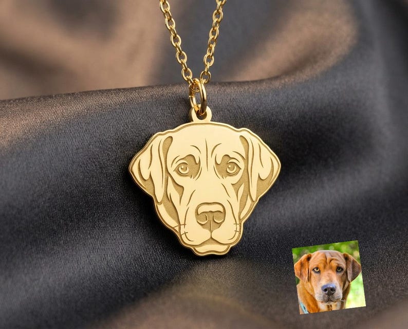 May include: A gold-toned metal necklace featuring a pendant shaped like a dog's head with engraved facial features. The pendant is suspended from a delicate gold-toned chain. A small square photograph of a brown dog is positioned in the lower right corner.