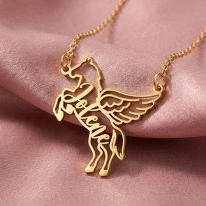 Personalized Pegasus Necklace, Custom Name Winged Horse Pendant, 18K Gold Plated Silver Jewelry, Mythology Gift for Her, Equestrian Charm image 1