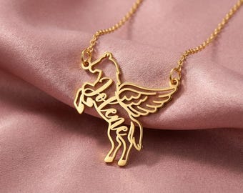 Personalized Pegasus Necklace, Custom Name Winged Horse Pendant, 18K Gold Plated Silver Jewelry, Mythology Gift for Her, Equestrian Charm