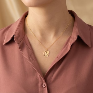 May include: A gold-colored pendant necklace featuring a dragon design within a circular frame. The necklace is suspended from a delicate gold chain. The person is wearing a rose-colored button-down shirt.