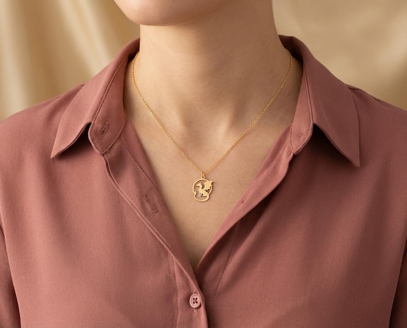 May include: A gold-colored pendant necklace featuring a dragon design within a circular frame. The necklace is suspended from a delicate gold chain. The person is wearing a rose-colored button-down shirt.