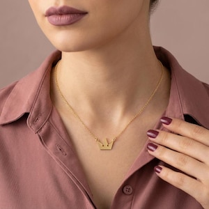 May include: A gold-colored crown pendant necklace. The necklace features a delicate chain and a small, stylized crown pendant. The person is wearing a pink collared shirt. The background is a solid, neutral color.