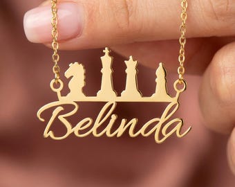 Custom Chess Name Necklace, King Queen Bishop Knight Pendant, Chess Lover Gift, Grandmaster Jewelry, Personalized Strategy Game Charm