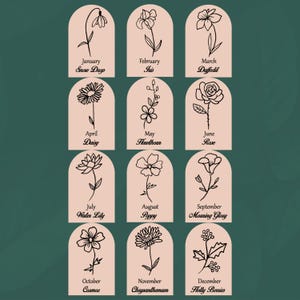 May include: Twelve floral illustrations, each within a light pink arch, representing birth month flowers. Each arch features a different flower with its corresponding month and flower name in black script. The background is a dark green.