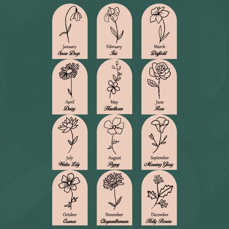May include: Twelve floral illustrations, each within a light pink arch, representing birth month flowers. Each arch features a different flower with its corresponding month and flower name in black script. The background is a dark green.