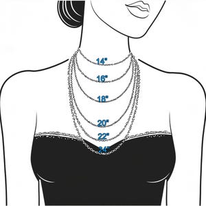 May include: A diagram showing different necklace lengths on a model. The lengths are 14 inches, 16 inches, 18 inches, 20 inches, 22 inches, and 24 inches.