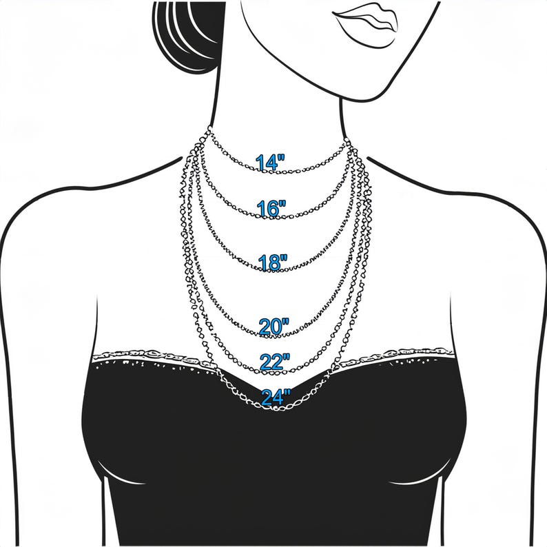 May include: A diagram showing different necklace lengths on a model. The lengths are 14 inches, 16 inches, 18 inches, 20 inches, 22 inches, and 24 inches.