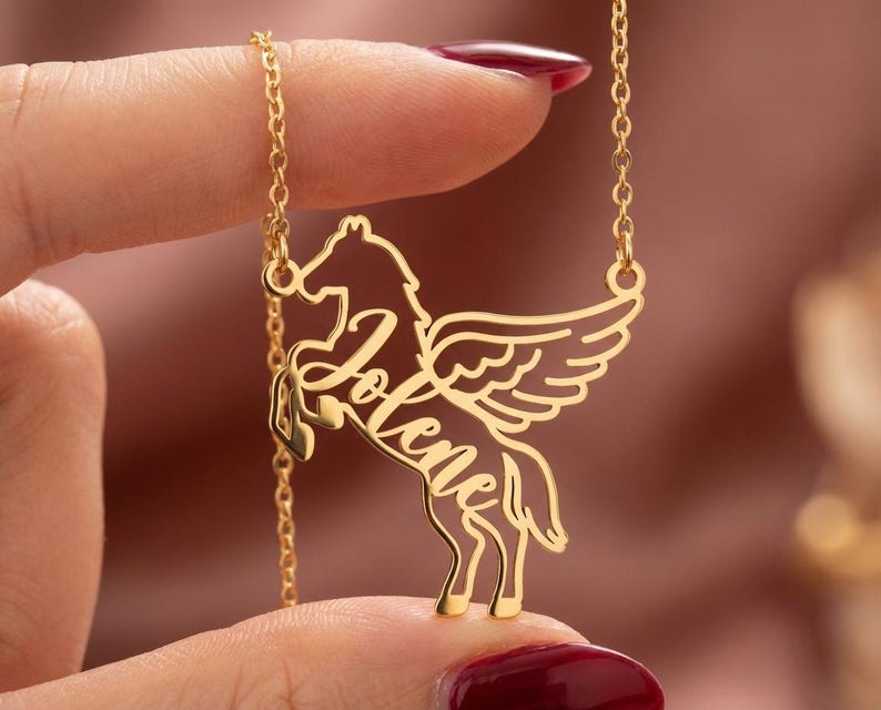 Personalized Pegasus Necklace, Custom Name Winged Horse Pendant, 18K Gold Plated Silver Jewelry, Mythology Gift for Her, Equestrian Charm image 3
