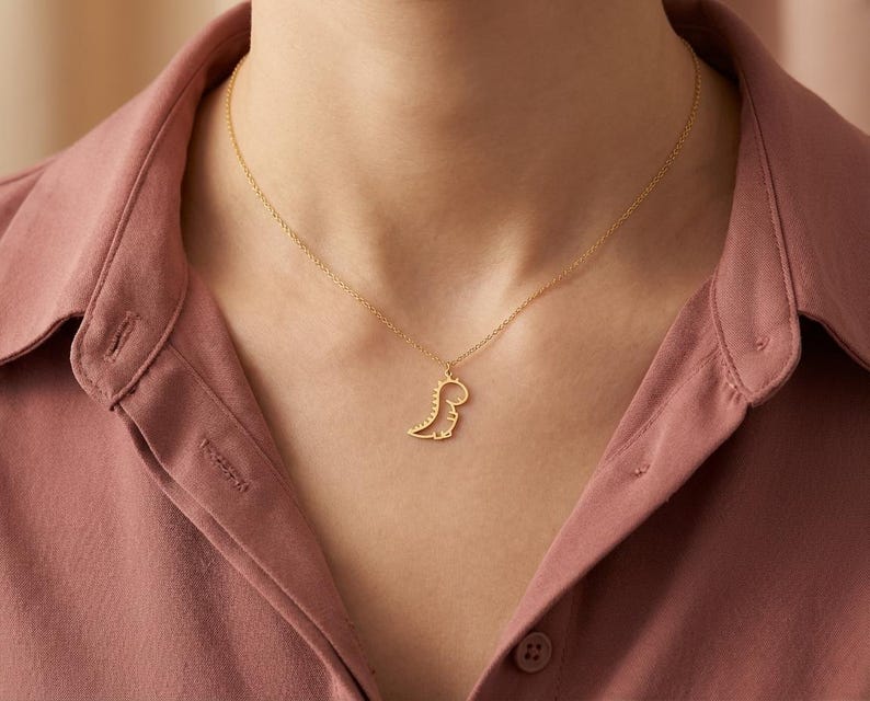 Cute Dinosaur Necklace, Gold Dino Pendant, Minimalist Animal Jewelry, T-Rex Charm, Fun Quirky Necklace, Gift for Dinosaur Lover, Jurassic image 2