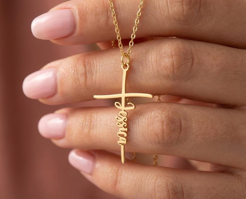Personalized Cross Necklace with Name, Baptism Gift for Girl, First Communion Jewelry, Custom Religious Pendant, Goddaughter Gift Godmother image 3