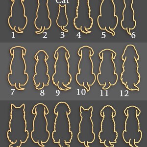 May include: A collection of 18 wooden dog and cat silhouettes, numbered 1 through 18, in various breeds and poses. The word "Cat" is above silhouette number 3. The silhouettes are light brown and arranged on a dark gray background.