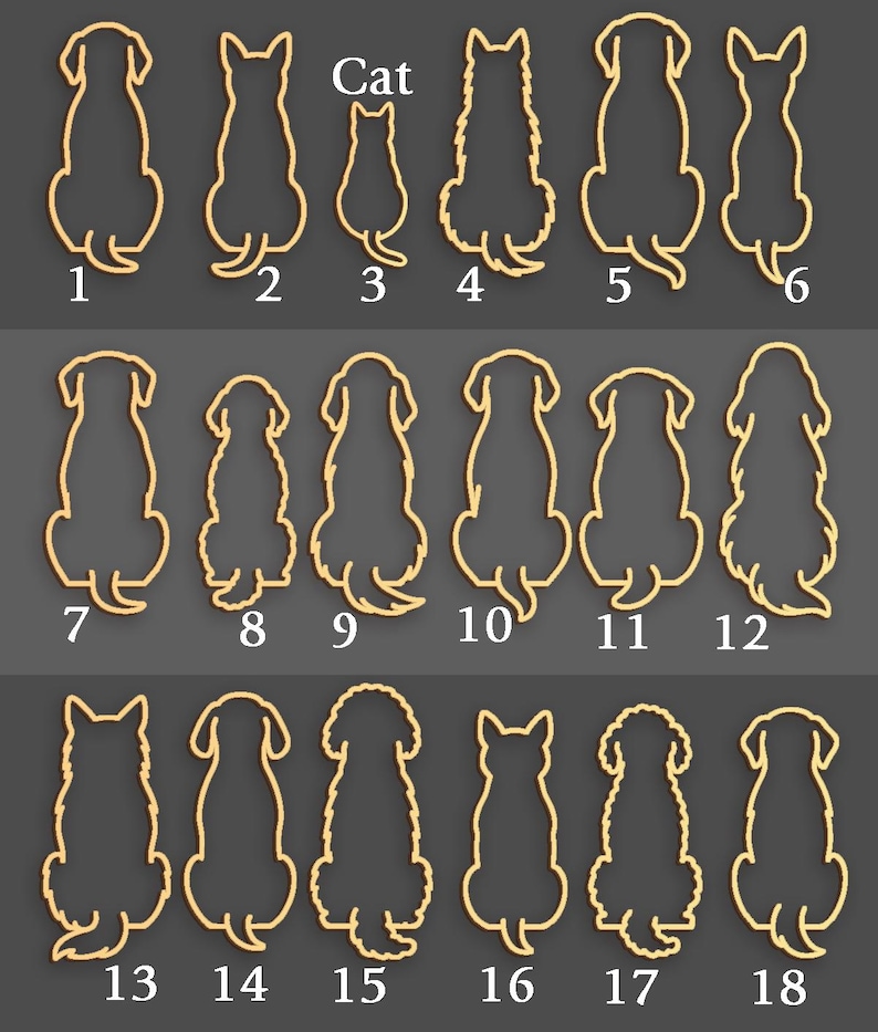 May include: A collection of 18 wooden dog and cat silhouettes, numbered 1 through 18, in various breeds and poses. The word "Cat" is above silhouette number 3. The silhouettes are light brown and arranged on a dark gray background.