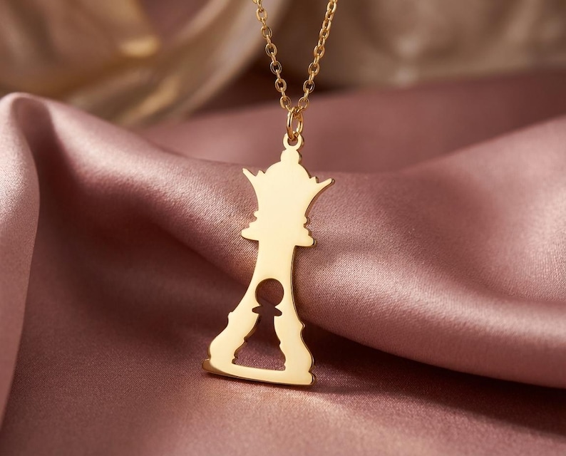 Pawn to Queen Necklace, Motivational Jewelry for Her, Promotion Gift, New Job Gift,Feminist Symbol Pendant, Dream Big Charm, Chess Piece Art image 1