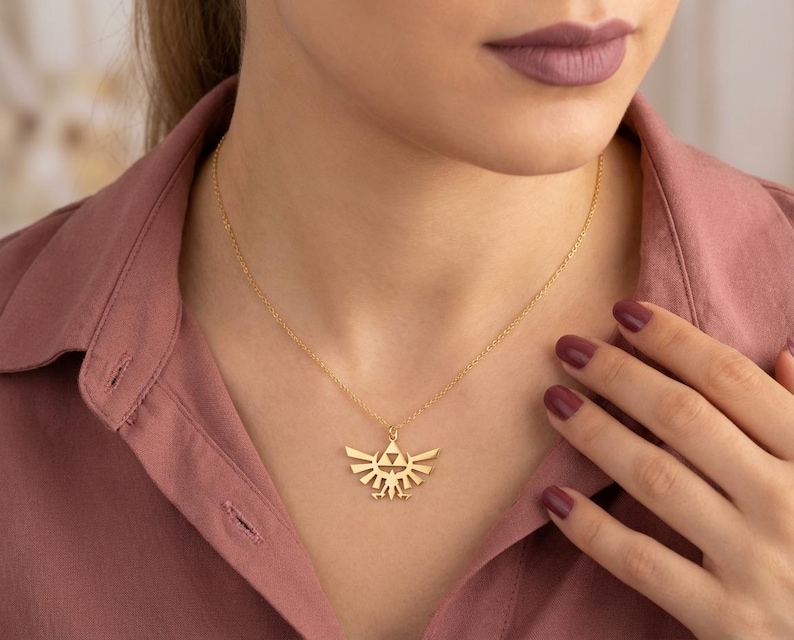 Triforce Necklace, Hylian Crest Pendant, Legend of Zelda Jewelry, Royal Family Symbol, Gold Gamer Gift, Hyrule Fantasy Charm, Cosplay Prop image 2