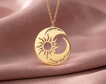 Sun and Moon Necklace, Celestial Pendant, Boho Jewelry, Crescent Moon Charm, Astrology Gift, Gold Sky Necklace, Galaxy Jewelry