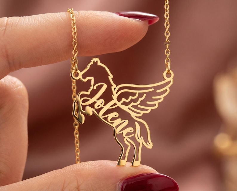 Custom Horse Necklace with Name, Winged Horse Memorial Pendant, Sterling Silver Equestrian Jewelry, Gift for Horse Lover, Personalized Charm image 1