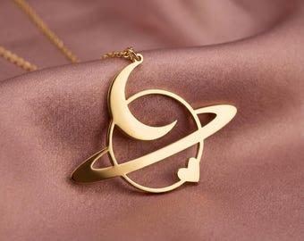 Gold Planet Necklace, Crescent Moon and Heart Pendant, Celestial Jewelry, Saturn Charm, Space Lover Gift, Sterling Silver Galaxy Necklace