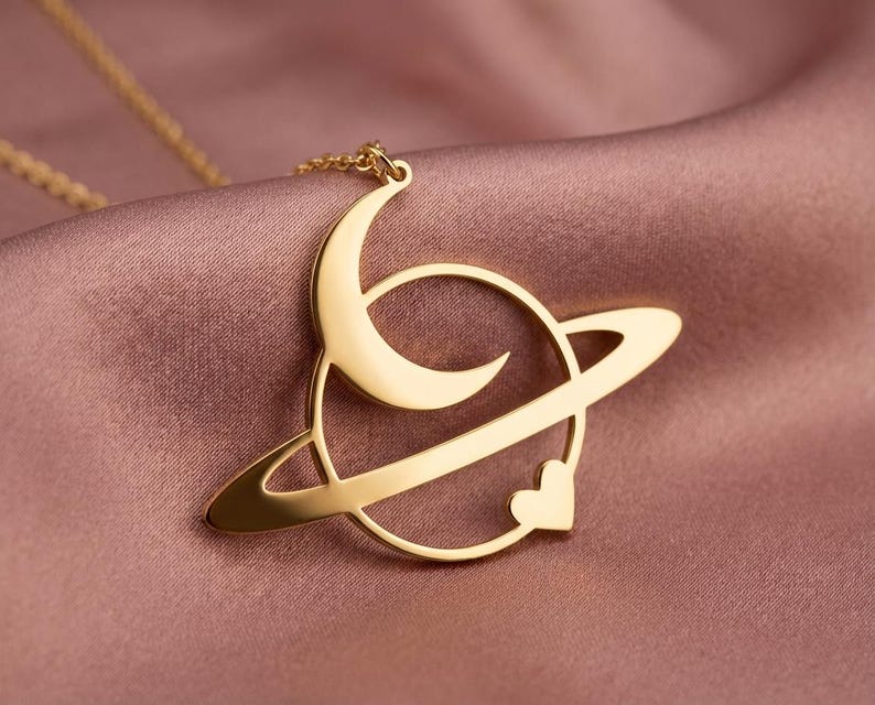 Gold Planet Necklace, Crescent Moon and Heart Pendant, Celestial Jewelry, Saturn Charm, Space Lover Gift, Sterling Silver Galaxy Necklace image 1
