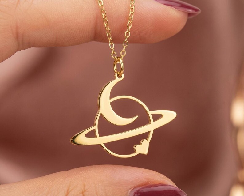 Gold Planet Necklace, Crescent Moon and Heart Pendant, Celestial Jewelry, Saturn Charm, Space Lover Gift, Sterling Silver Galaxy Necklace image 3
