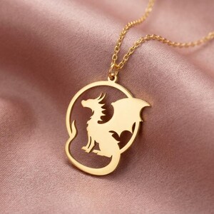 Gold Dragon Pendant, Cutout Circle Necklace, Sterling Silver Dragon Silhouette, Minimalist Animal Jewelry, Unique Statement Necklace image 3