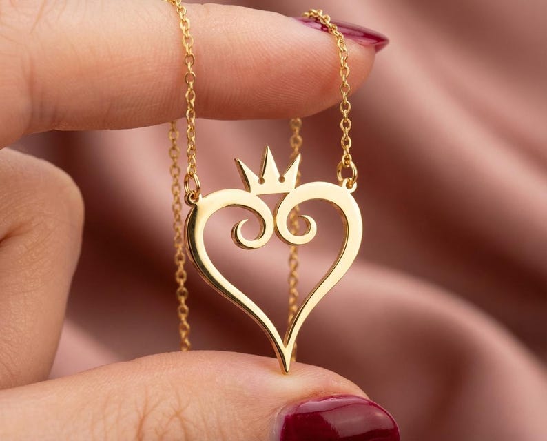 Kingdom Hearts Pendant, Crowned Heart Necklace, Sterling Silver Love Charm, Valentines Day Gamer Gift, Minimalist Geek Jewelry image 1