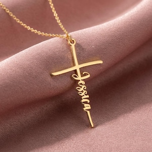 Personalized Cross Necklace with Name, Baptism Gift for Girl, First Communion Jewelry, Custom Religious Pendant, Goddaughter Gift Godmother