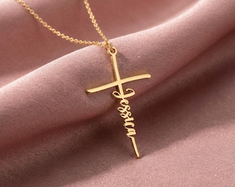 Personalized Cross Necklace with Name, Baptism Gift for Girl, First Communion Jewelry, Custom Religious Pendant, Goddaughter Gift Godmother