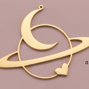 Gold Planet Necklace, Crescent Moon and Heart Pendant, Celestial Jewelry, Saturn Charm, Space Lover Gift, Sterling Silver Galaxy Necklace image 4