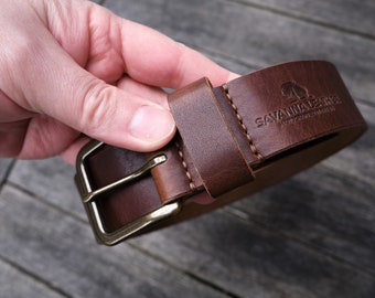 The Savanna Belt - Nut Brown (Horween Dublin) - Antique Brass Buckle - Handmade in the UK