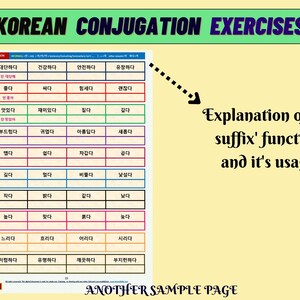 May include: A Korean conjugation exercise worksheet featuring a grid of Korean verbs and adjectives organized by color-coded rows. The header reads KOREAN CONJUGATION EXERCISES and TABLE 9. An arrow points to text stating Explanation of the suffix' function and it's usage.