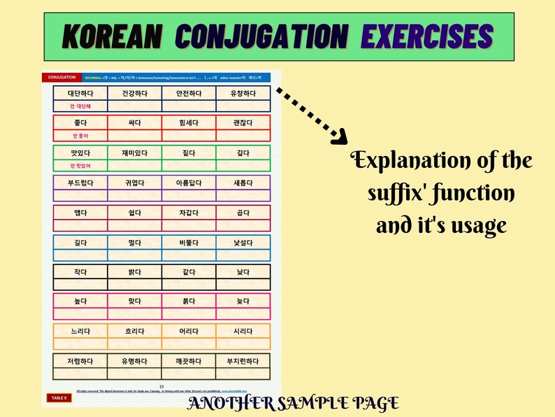 May include: A Korean conjugation exercise worksheet featuring a grid of Korean verbs and adjectives organized by color-coded rows. The header reads KOREAN CONJUGATION EXERCISES and TABLE 9. An arrow points to text stating Explanation of the suffix' function and it's usage.