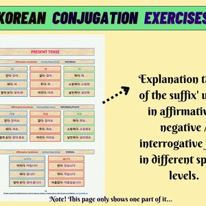 May include: A study guide titled KOREAN CONJUGATION EXERCISES featuring tables for present tense verb and adjective conjugations. The document includes columns for affirmative sentences in informal, informal/polite, and formal speech levels.