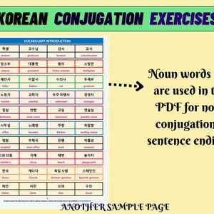May include: A Korean conjugation exercise sheet featuring a table titled VOCABULARY INTRODUCTION with rows of Korean nouns and their English translations. The text Noun words that are used in this PDF for noun conjugations / sentence endings is present.