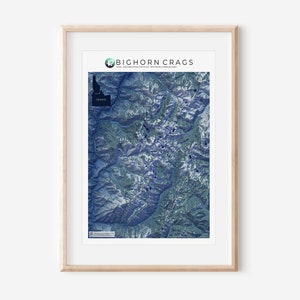 May include: A framed map of the Bighorn Crags in Idaho, showing the area's topography with blue and green hues. The map is titled "Bighorn Crags" and includes the state outline of Idaho.