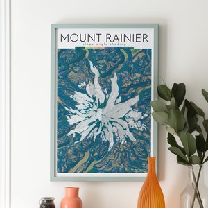 May include: A framed print of Mount Rainier with a blue, green, and gold abstract design. The title "MOUNT RAINIER" and the text "slope angle shading" are printed below the image.