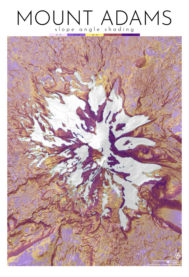 Może przedstawiać: Mapa topograficzny Mount Adams, wulkanu w stanie Waszyngton, z cieniowaniem kąta nachylenia stoku. Mapa przedstawia szczyt g&oacute;ry i otaczający teren, z r&oacute;żnymi kolorami reprezentującymi r&oacute;żne kąty nachylenia. Mapa nosi tytuł "Mount Adams slope angle shading".