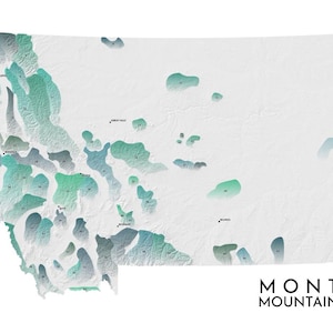 May include: A map of Montana with shaded areas representing mountain ranges. The map uses shades of green and blue to depict the different ranges, with labels and numbers. The text "MONTANA MOUNTAIN RANGES" is displayed in black.