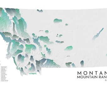 May include: A map of Montana with shaded areas representing mountain ranges. The map uses shades of green and blue to depict the different ranges, with labels and numbers. The text "MONTANA MOUNTAIN RANGES" is displayed in black.