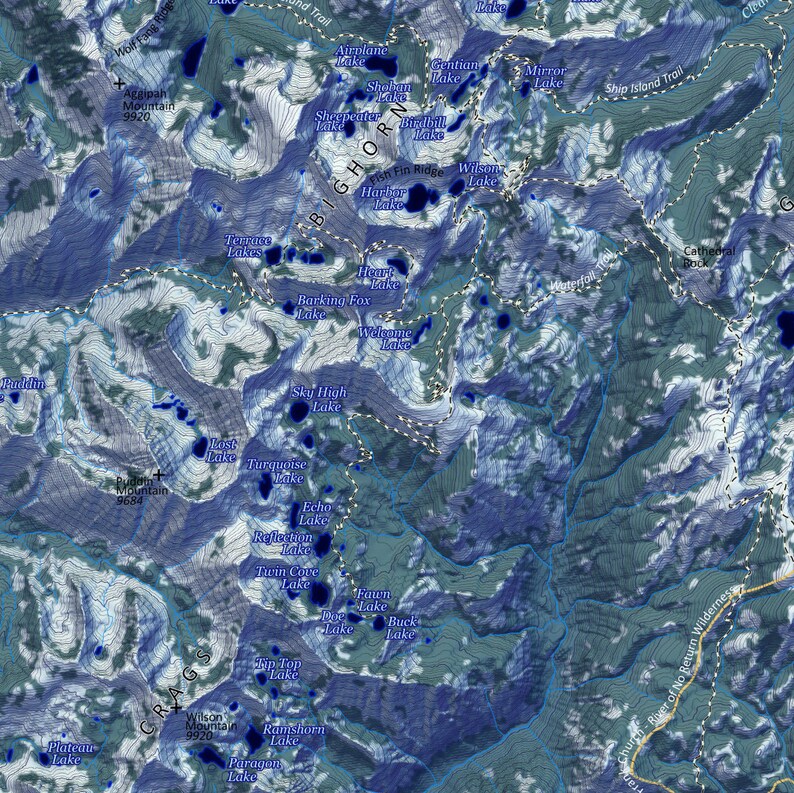 May include: A detailed map of the Big Horn Mountains in Wyoming, showing the location of numerous lakes, trails, and mountain peaks. The map is printed in blue and green tones, with contour lines indicating elevation changes.
