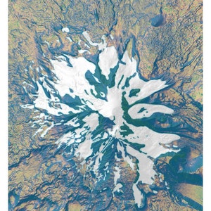 Może przedstawiać: Mapa topograficzny Mount Adams, stratowulkanu w Kaskadach w stanie Waszyngton. Mapa wykorzystuje cieniowanie kąta nachylenia, aby podkreślić cechy g&oacute;ry, w tym lodowce i stożek wulkaniczny. Mapa jest oznaczona jako "MOUNT ADAMS slope angle shading".