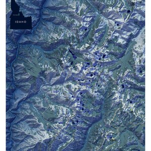 May include: A map of the Bighorn Crags area in Idaho, showing the location of the Frank Church - River of No Return Wilderness. The map is overlaid on a satellite image of the area, showing the mountains, rivers, and lakes. The map is titled "Bighorn Crags" and includes the text "Salmon - Challis National Forest | Frank Church - River of No Return Wilderness | Idaho".